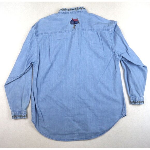 NORTHERN REFLECTIONS - DENIM BIRDHOUS EMBROIDERED LONG SLEEVE BUTTON-UP TOP - XS - Picture 5 of 6